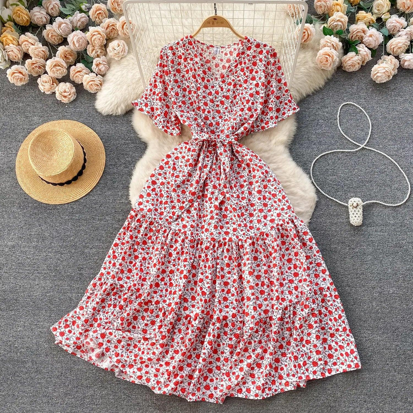 French Chic Dress Beach Style Floral Print Dresses Female V-Neck New Summer Ruffles A-Line Vestidos Women Clothes
