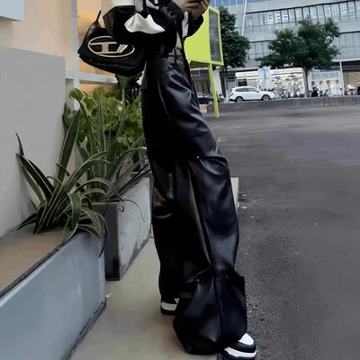 Fashionable Wide Leg Pants for Spring and Autumn Women's New High Waisted Straight Leg Loose Floor Length Casual Leather Pants