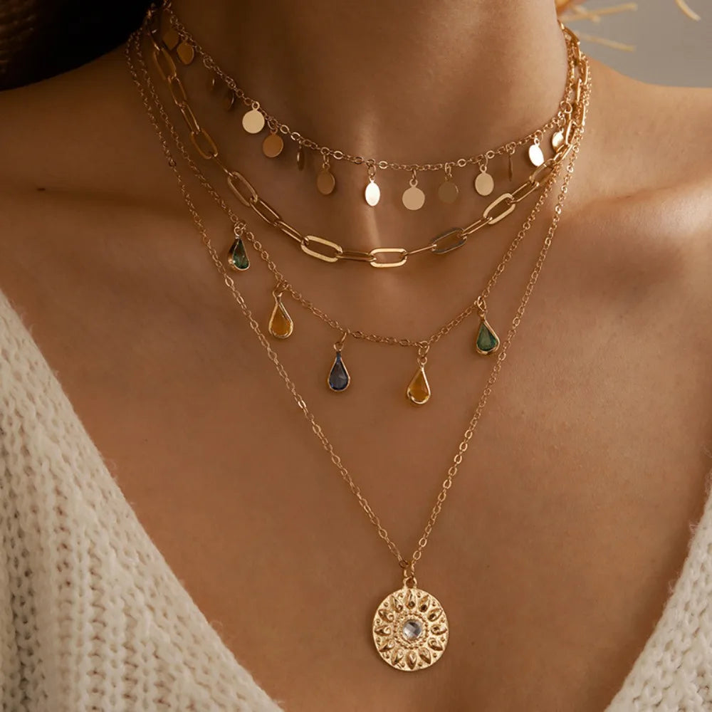 Seulement Gold Plated Layering Necklaces for Women Bohemian Style Turquoise Curb Link Tassels Chain Circle Pendants for Women