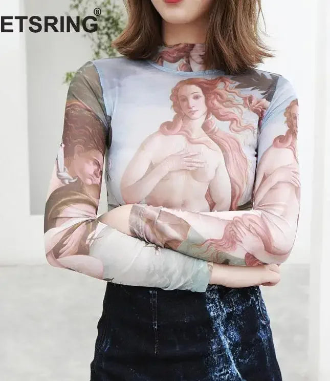 Yuerwang Women T Shirts tee tops Mesh top mesh shirts Print long sleeve 2022 Vintage Spring Summer Women T shirts designer