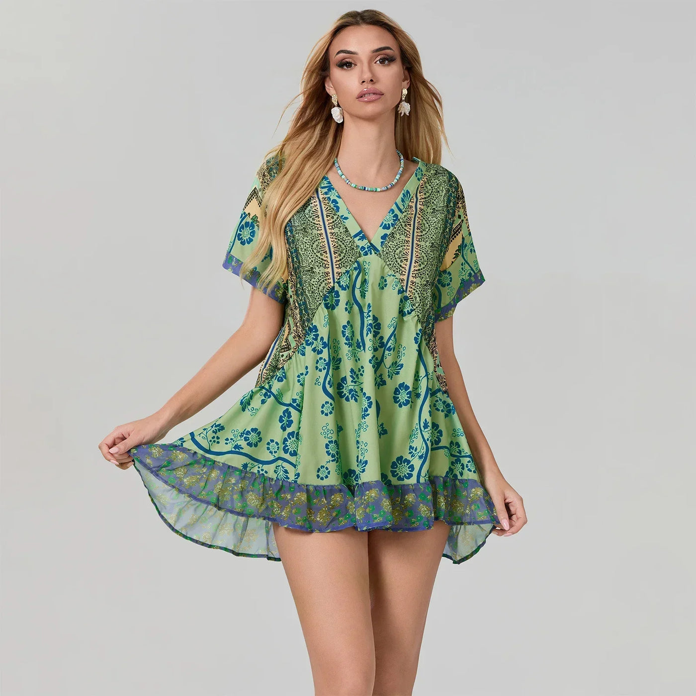 Women Summer Babydoll Dress Bohemian Holiday Vintage Floral Print Short Sleeve Deep V-Neck Flowy Dress with Pockets
