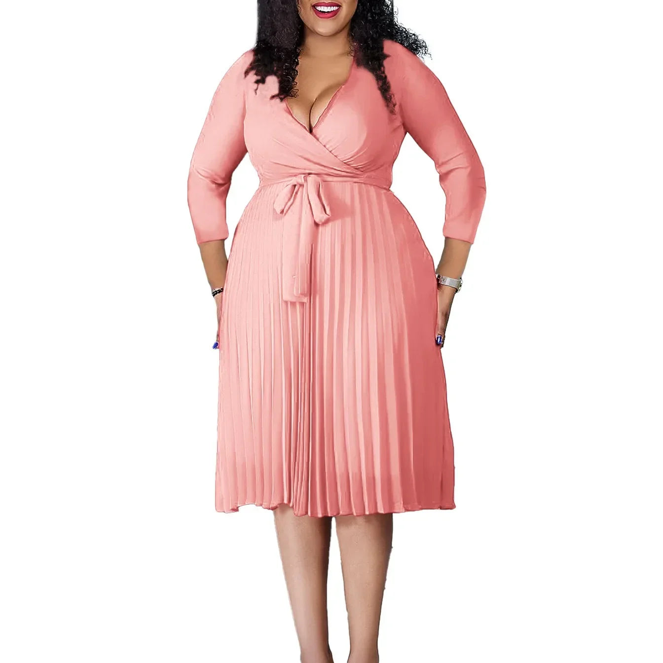 Elegant Office Dresses for Women Professional V Neck Full Sleeve Sashes Pleated Mid Calf Formal Business Work Wear Dress Midi OL