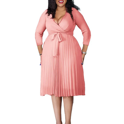 Elegant Office Dresses for Women Professional V Neck Full Sleeve Sashes Pleated Mid Calf Formal Business Work Wear Dress Midi OL