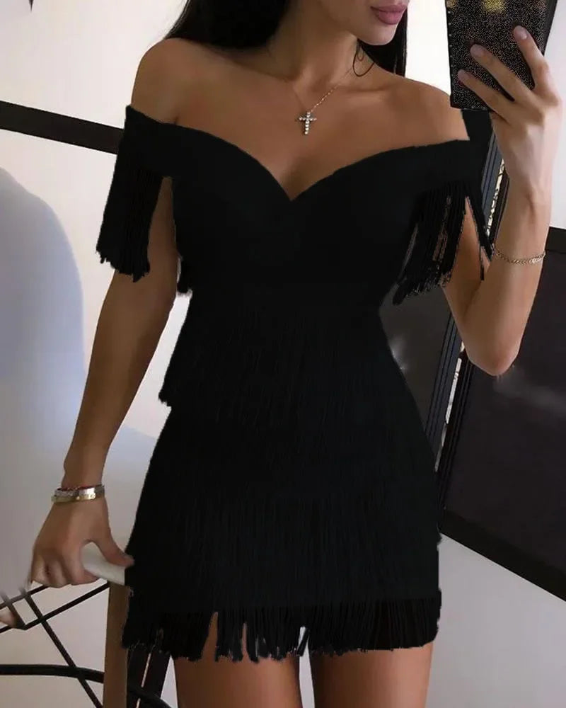 Women Evening Dresses Sexy Big V Neck One-shoulder Fringed Skirt Ladies Temperament Slim Dress Short Sleeve Club Dress Vestidos