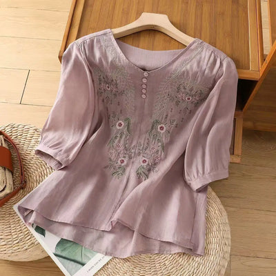 Cotton and Linen V-neck Embroidered Shirt for Women, Summer Thin Style Loose Medium Sleeves Small Shirt Top