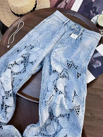 Summer Women Lace Floral Embroidery Wide Leg Denim Pants Spliced Loose Fit High Waist Hollow Out Jeans Streetwear Long Trousers