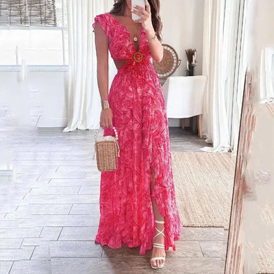 2025 Dress For Women Spring New Printed Deep V Sexy Exposed Waist Hollow Pleated Slit Long Dress Elegant Birthday Party Vestidos - Elanique