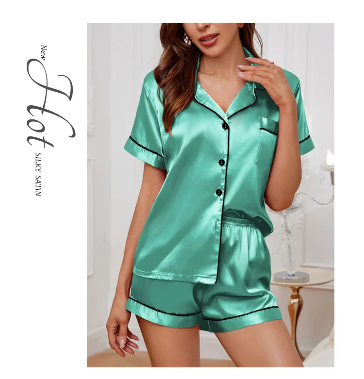 Women's Sleepwear Silk Satin Pajamas Set Button-Down Pyjama Shorts Suit Pijama Femme Loungewear Pj Sets Solid Color Home Clothes