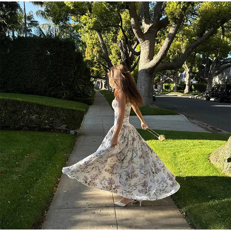 Elegant Women Summer Dresses Floral Printing Strap Backless Sleeveless High Waist Pleated A-line Party Vestidos Chic lady outfit