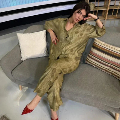 Women's Jacquard Oversized Shirt Trousers Short Sleeves Suit Lapel Shirt High Waist Elastic Straight Leg Pants Chic Female Set
