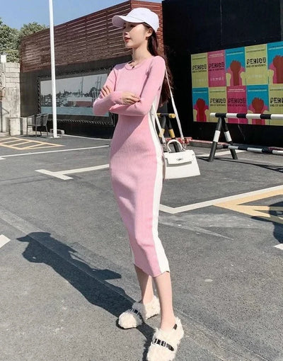 Pink Woman Dress Black Bodycon Maxi Knitted Robe Long Dresses for Women Evening Crochet Round Neck Clothes Sensual Sexy Hot Y2k