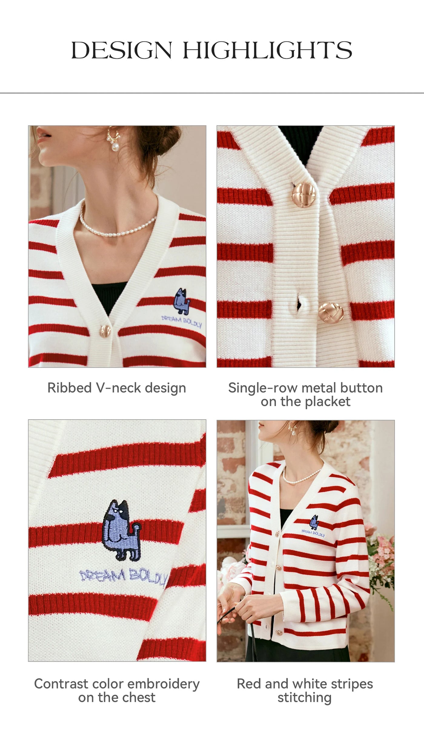 OLrain Wool Blend Striped Cardigan Women 2025 Spring Commute Embroidery V Neck Long Sleeve Chic Button Knitwear M56QZ86390