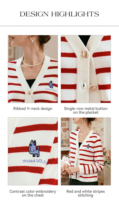OLrain Wool Blend Striped Cardigan Women 2025 Spring Commute Embroidery V Neck Long Sleeve Chic Button Knitwear M56QZ86390