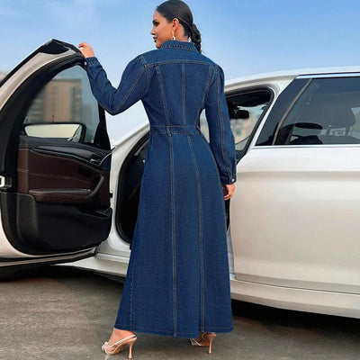Denim Dress Women Long Dresses Spring Turn Down Collar Elegant Work Splice Vestidos Single Breasted A Line Y2k Tops Streetwear