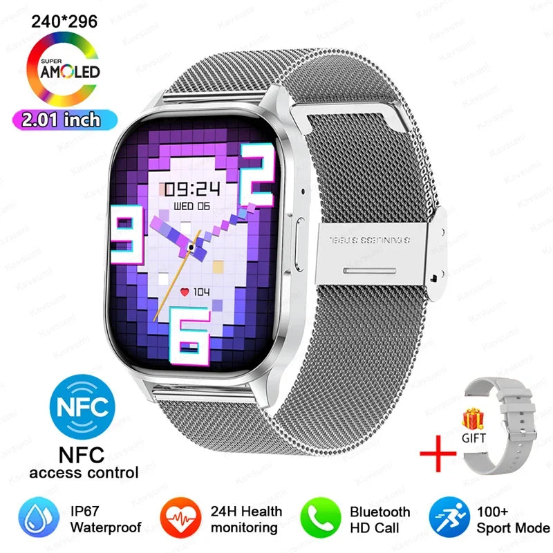 Women Smartwatch 2.01inch AMOLED Screen Bluetooth Call  NFC Sport Watch Blood Pressure Music Women Smart Watch for Huawei Xiaomi