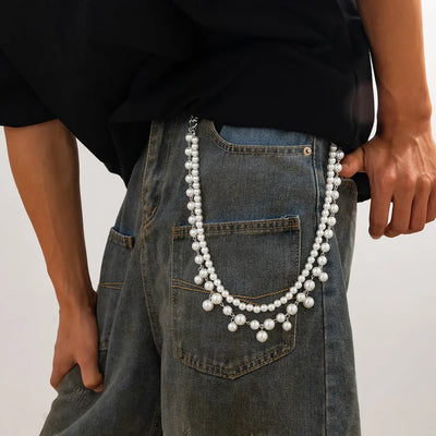 IngeSight.Z Men Hip Hop Multilayer Imitation Pearl Jeans Pants Keychain Chain Women Trousers Hipster Pant Chain Party Decoration