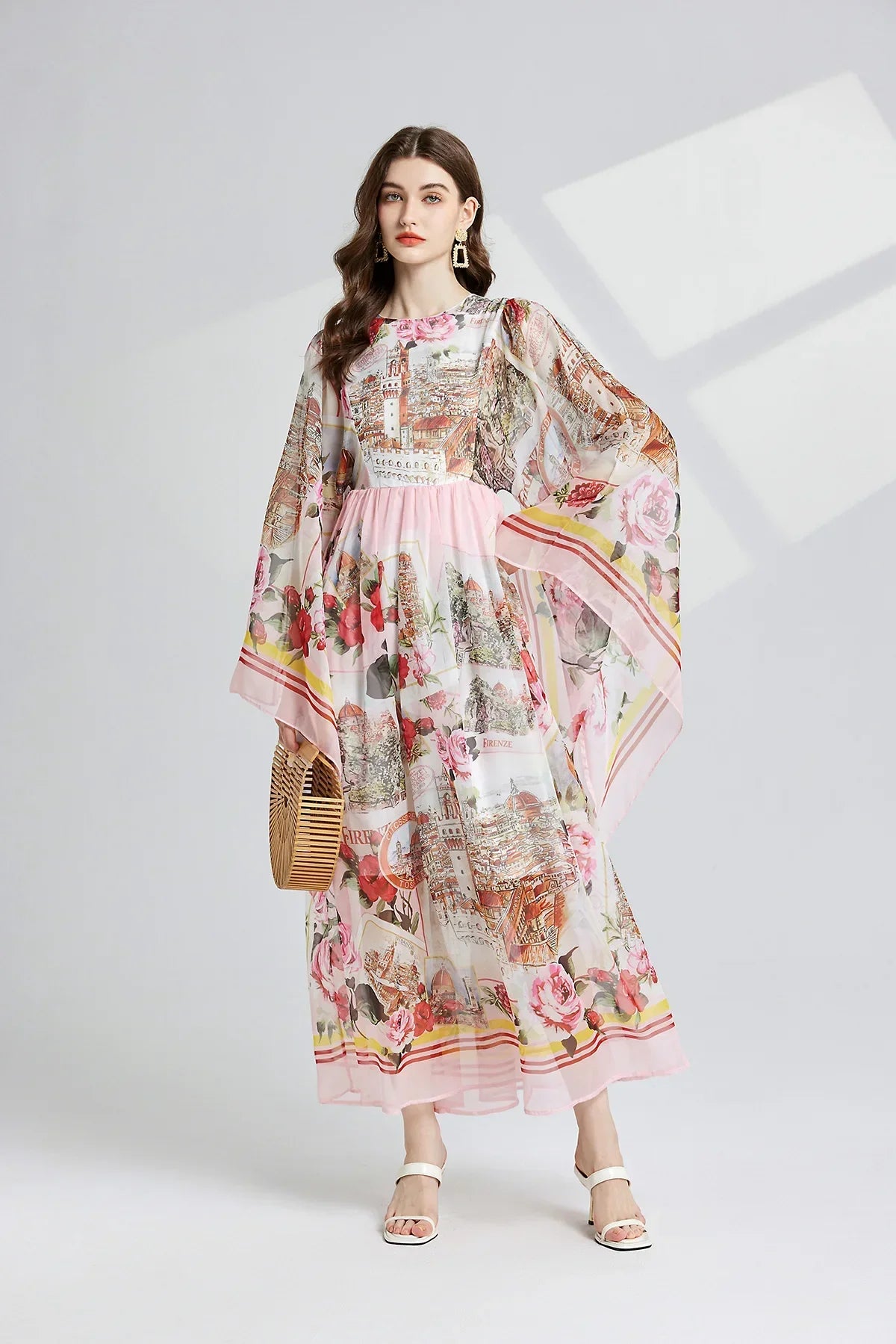 Women Clothing O Neck Flare Sleeve Large Swing Maxi Dress New Summer Bohemian Blue And White Porcelain Print Chiffon Vestidos