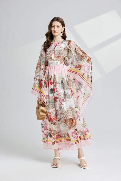 Women Clothing O Neck Flare Sleeve Large Swing Maxi Dress New Summer Bohemian Blue And White Porcelain Print Chiffon Vestidos