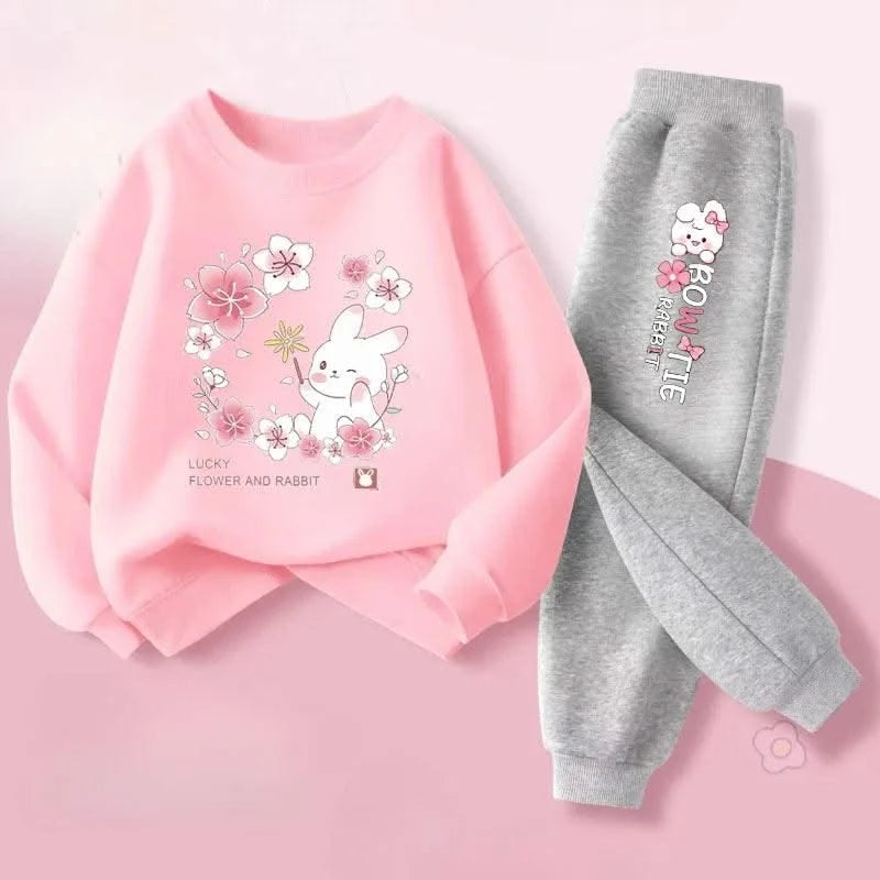 Cute Rabbit Printed Children's Sweatshirt Sweatpants Two Piece Suit |Girls Kids Outdoor Outfits