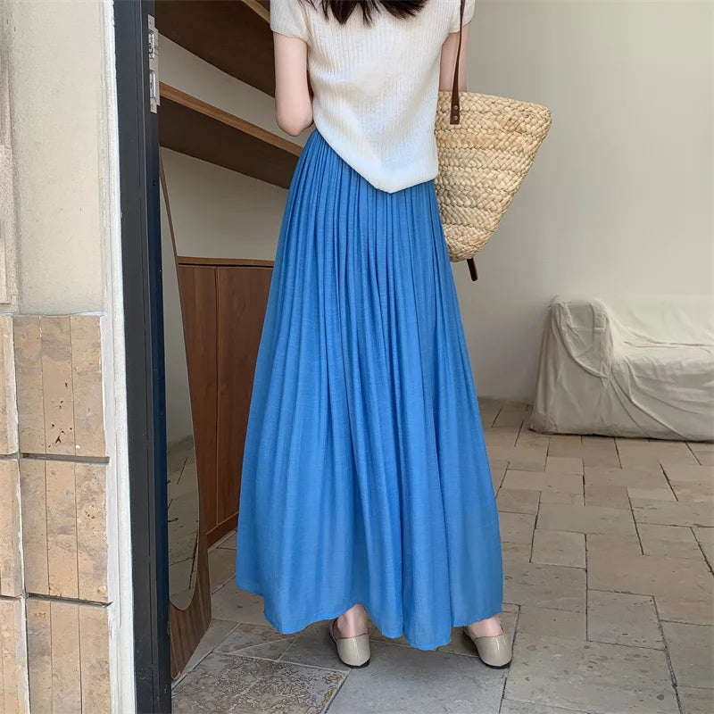 2025 New High Waisted Cotton Linen Pleated Midi Skirt – Summer Flowy A-Line Maxi Skirt for Women, Breathable & Elegant