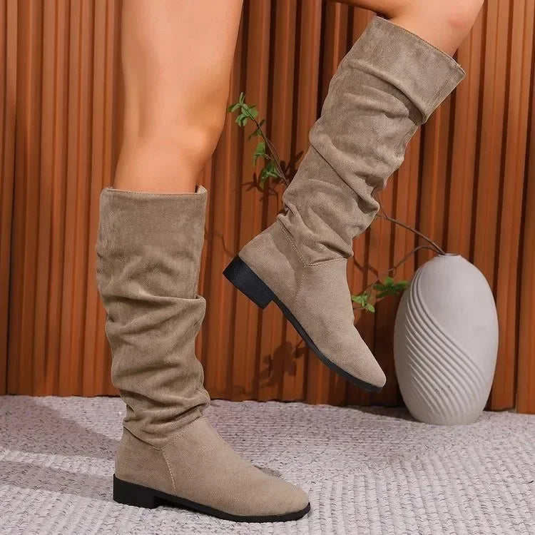 Women's fashion boots stylish round-toed designer high boots, simple nude pleated plus-size women's boots for autumn and winter