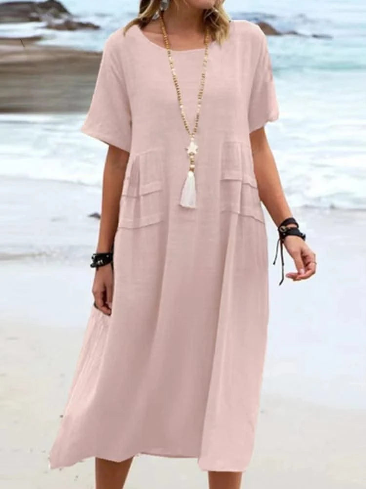 2025 Summer Fashion New Women's Elegant Long Cotton and Hemp Dress Round Neck Vacation Short Sleeve Medium Long Dress