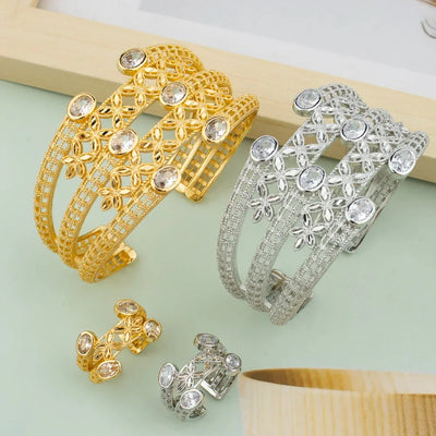 Luxury Bracelet Rings Dubai France Female 18k Gold Color Bangles For Women Bride Bangles Wedding Bracelet with Rings