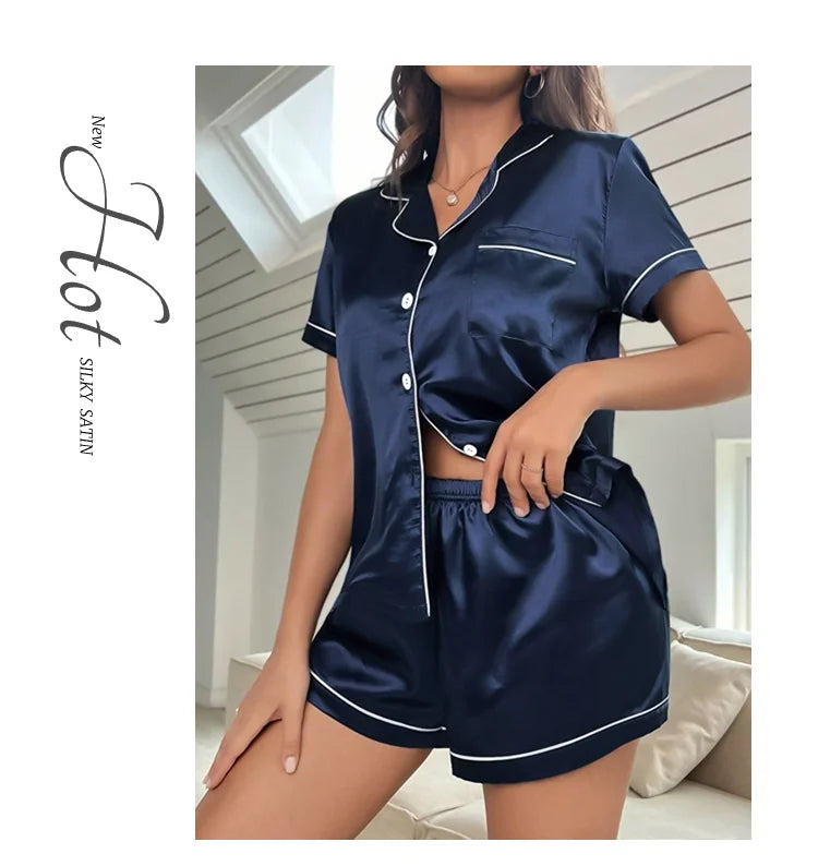 Women's Sleepwear Silk Satin Pajamas Set Button-Down Pyjama Shorts Suit Pijama Femme Loungewear Pj Sets Solid Color Home Clothes