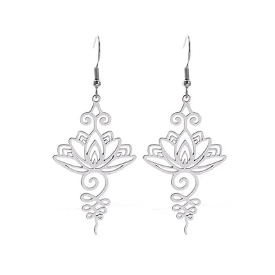Stainless Steel Engraved Lotus Pendant Earrings for Women Yoga Meditation Jewelry Gifts