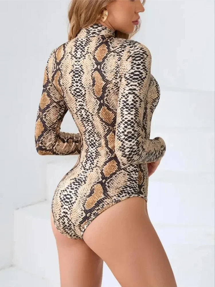 Women's Vintage Mesh Leopard Print Long Sleeve High Waist One-piece Swimsuit Summer Role Play 2025 New Beach Bikini Bodysuit