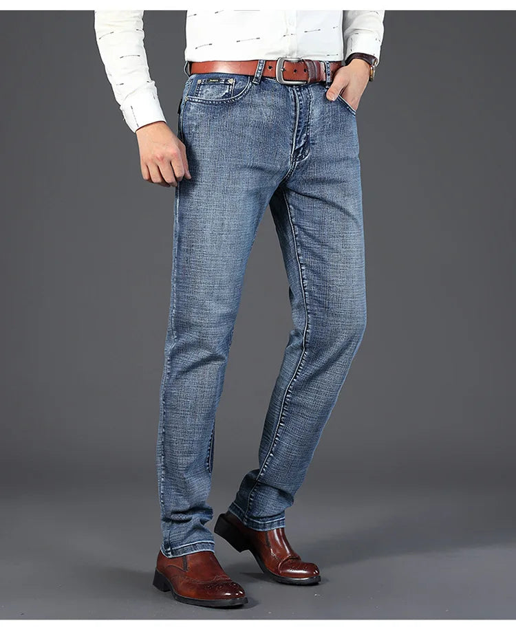 Mens Denim Pants Spring Casual Business Straight Fit Loose Elasticated Jeans Stylish Comfortable Pants for Work and Daily Wear