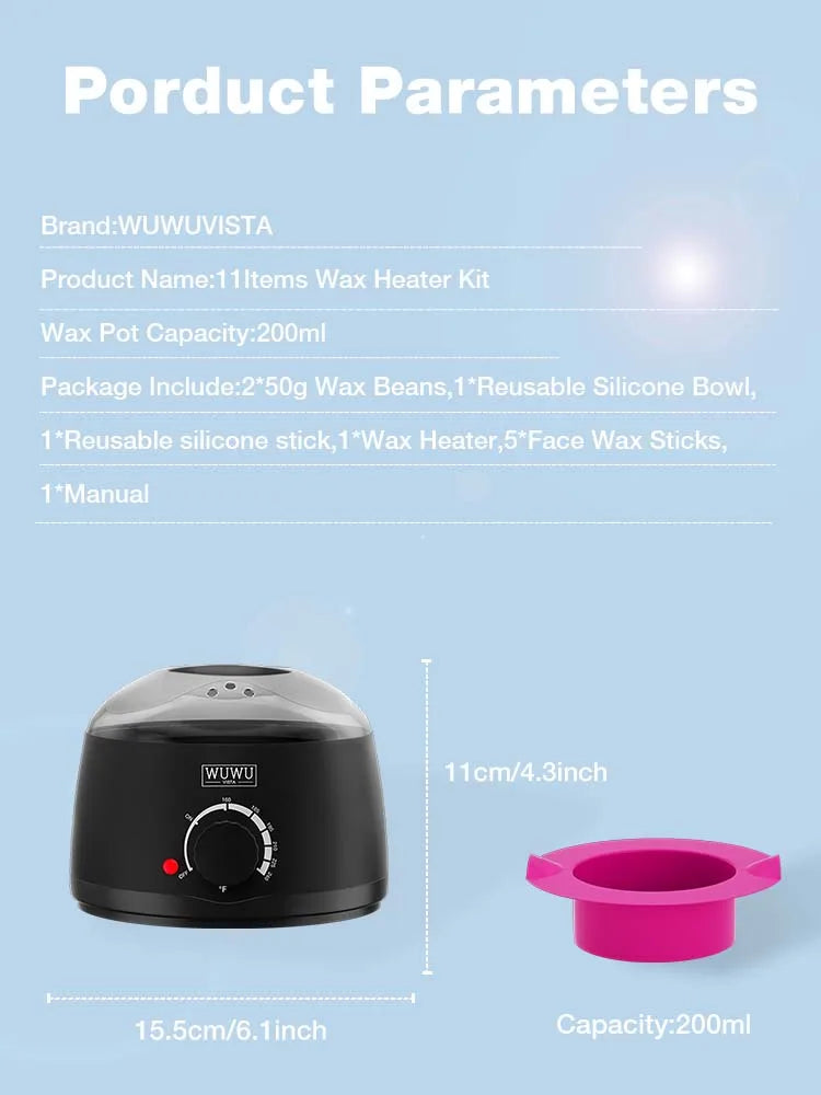 Waxing Kit UK Plug(11 items) WUWUVISTA Hair Removal Wax Kit Wax Melt Warmer Waxing Beads Face/Brazilian/Full Body/Bikini