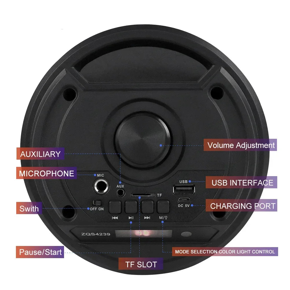 Bluetooth Wireless Speaker Stereo Speaker Support USB/TF/AUX/FM/BT/MIC Loud Boombox Speaker with Bass Lights for Outdoor Party