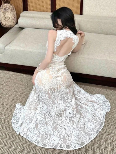 New Maxi Dresses for Women 2025 Vestidos De Mujer Lace Jacquard Temperament Robe Femme Backless Slim Fit Hollow Out Summer Dress
