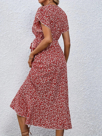 Summer Dresses for Women Sexy V Neck Short Sleeve Irregular High Waist Lace-up Flower Print Dress Casual Beach Dresses