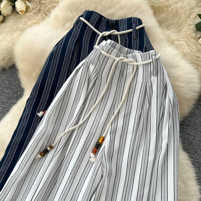 Pant Women Wide Leg Long Pants Striped Casual Loose High Waist Straight Trousers Y2k Streetwear Elegant Splice Work 2025 Capris