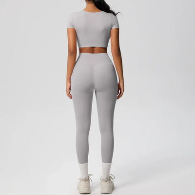 Yoga Set 2 Pieces Women Tracksuits Workout Sportswear Gym Clothing Fitness Short Sleeve With Padded High Waist Leggings Suits