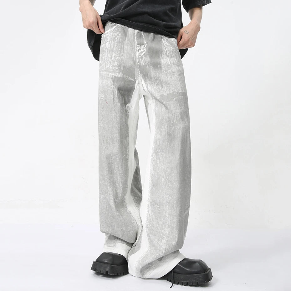 Men's White Baggy Jeans Dirty Printed Grunge Y2K Loose Straight Denim Pants Harajuku Oversized Streetwear Jeans Trousers Male