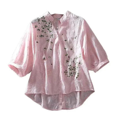 Literary Cotton Shirts For Women Embroidery Flowers Woman Blouses V-neck Half Sleeve Lace Blouses Summer Thin Top Female Shirt