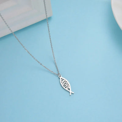 Jeshayuan Christian Jesus Fish Pendant Necklaces For Women Double Layer Stainless Greek ΙΧΘΥΣ Christian Religious Gift
