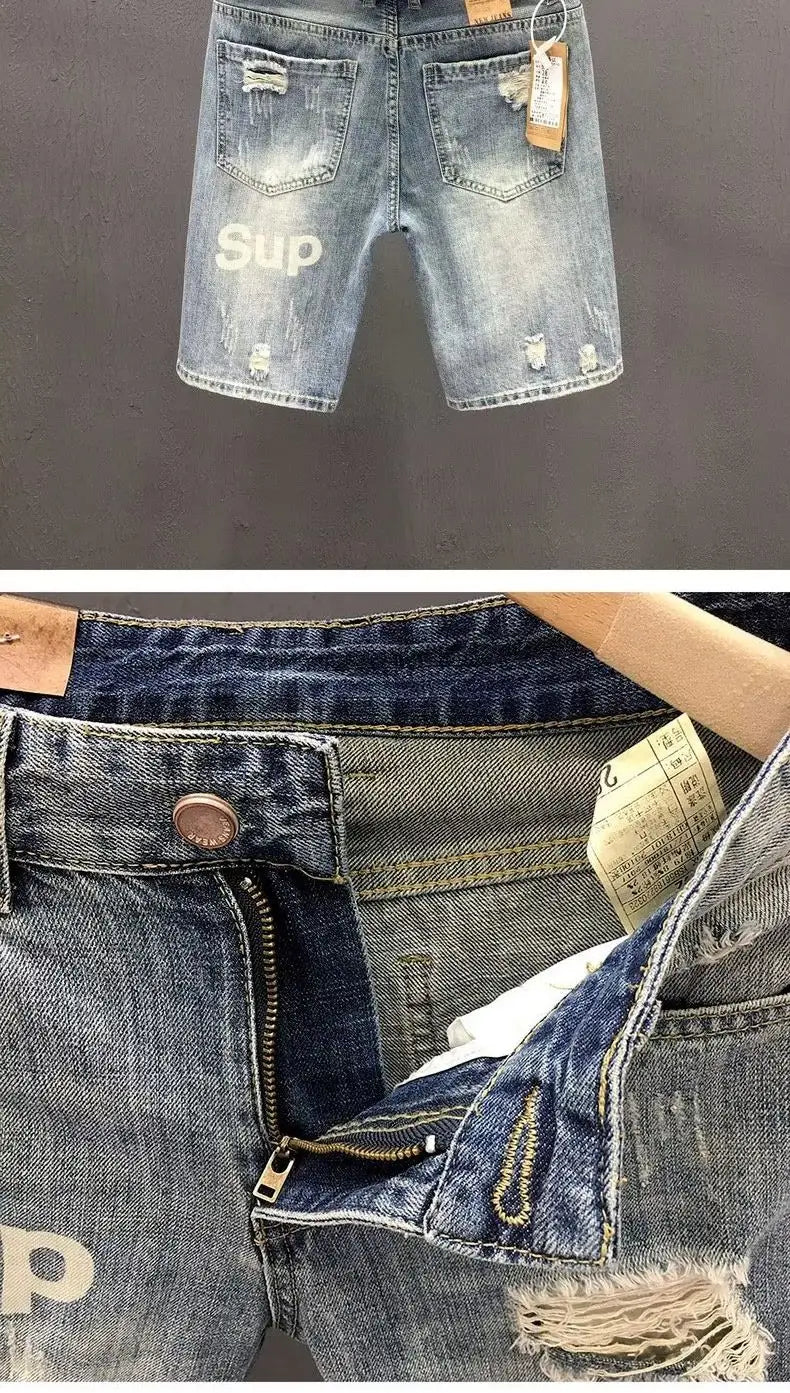 Fashion 2023 Summer Men's Blue Casual Solid Denim Jean Shorts with Ripped Holes Wash Designer Clothes Designer Men's Jeans