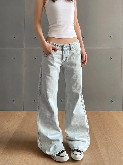 y2k Vintage Women Jeans Low Waist Zipper Button Solid Trousers with Pockets Aesthetic Streetwear Washed Jeans