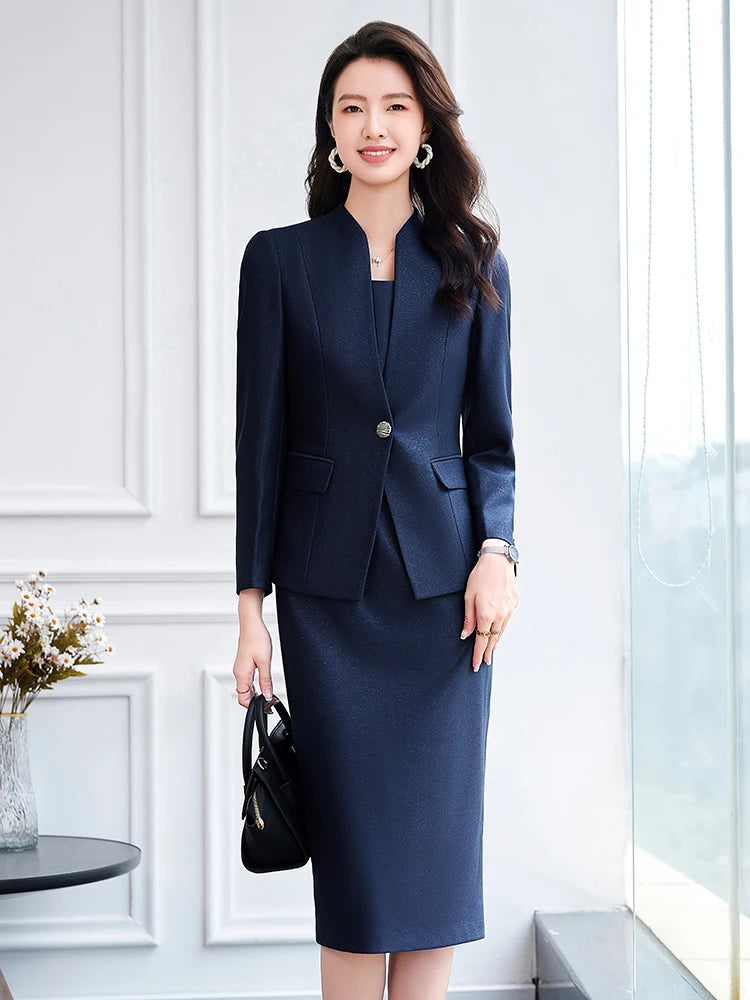 NAVIU 2025 Women Office Dress Set Monochromatic Slim Fit Suit Stand Collar Single Button Fashion New 2 Pcs Brazer and Dresses