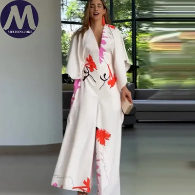 Jumpsuits for Woman Summer Printing Three Quarter Sleeves V Neck Jumpsuits Fashionable Casual Loose Women's Wide-leg Jumpsuit