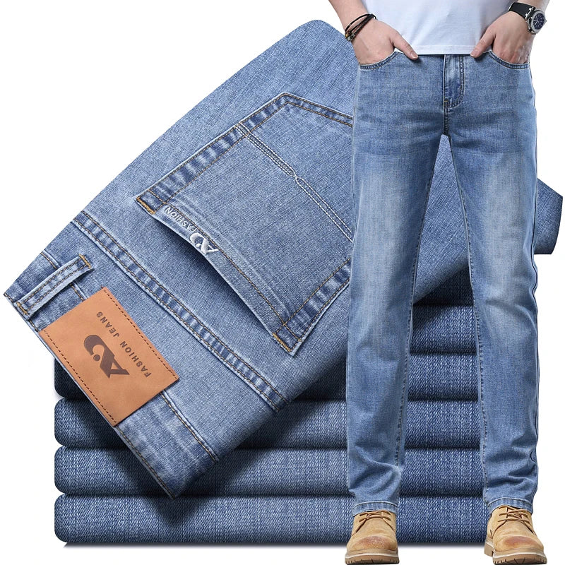 2024 Spring Summer New Men's Slim Thin Jeans Retro Light Blue Cotton Stretch Denim Pants Male Fashion Casual Brand Trousers