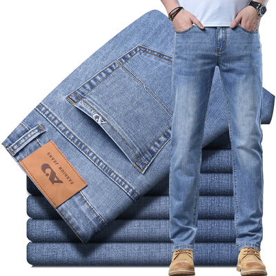 2024 Spring Summer New Men's Slim Thin Jeans Retro Light Blue Cotton Stretch Denim Pants Male Fashion Casual Brand Trousers