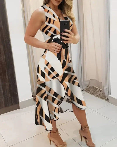 Women's Midi Dress Plus Size Sexy Summer V Neck Empire Belt Tunic 2023 Fashion Geometry Print Irregular Office Ladies Dresses