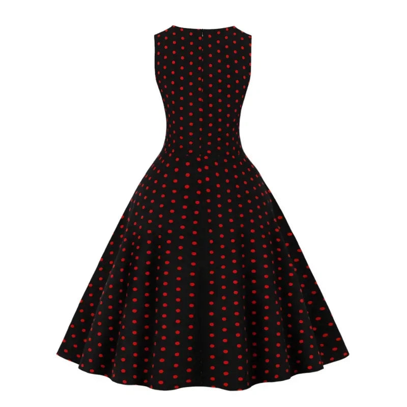 2025 New Women Party Dress Dot Print Sleeveless A Line 50s Evening Gowns Red A-line Tight Waist Prom Banquet Summer Midi Dress