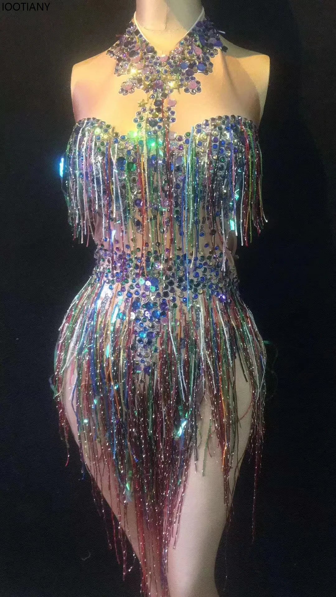 Women Sexy Waist Hollow Bodysuit Colorful Tassel Rhinestone Jumpsuits Holiday Party Dress Ds Dj Nightclub Bar Singer Dance Dress