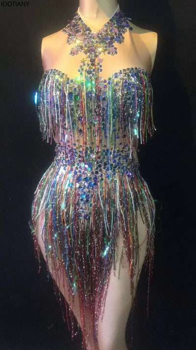 Women Sexy Waist Hollow Bodysuit Colorful Tassel Rhinestone Jumpsuits Holiday Party Dress Ds Dj Nightclub Bar Singer Dance Dress
